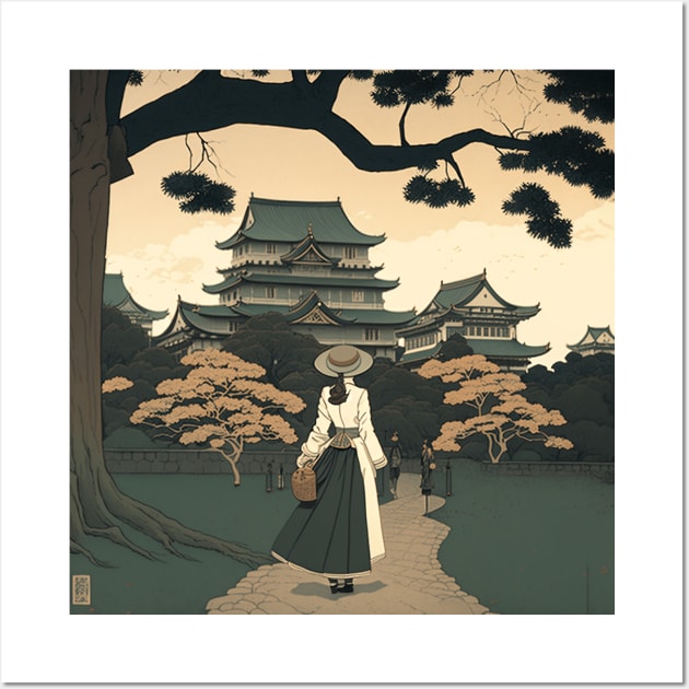 Ukiyo-e Serenity: A Graceful Stroll by Japan Castle Wall Art by WabiSabi Wonders